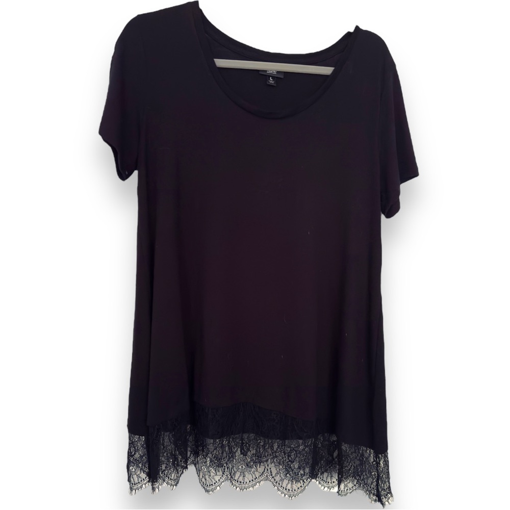 MOSSIMO Black Lace Hem Short Sleeve T-Shirt Tee Swing Tunic Top - Women’s Shirt - Picture 14 of 17